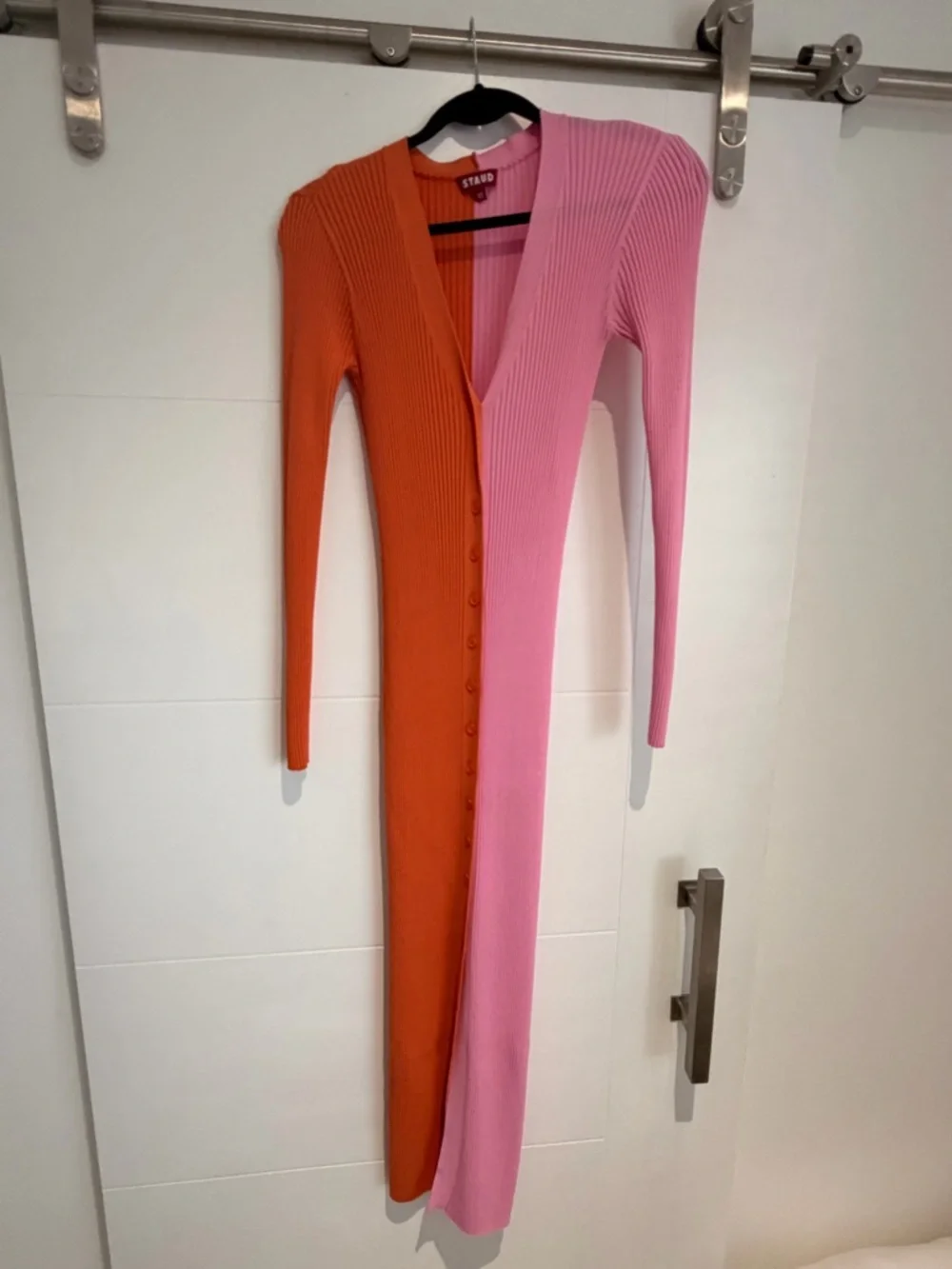 STAUD Two-Tone Ribbed Button-Front Midi Dress in Orange and Pink - Picture 5 of 5